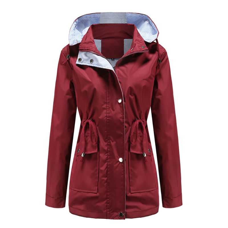 Wine Red Hooded Detachable Windproof Plus Size Windbreaker TQK280123-23