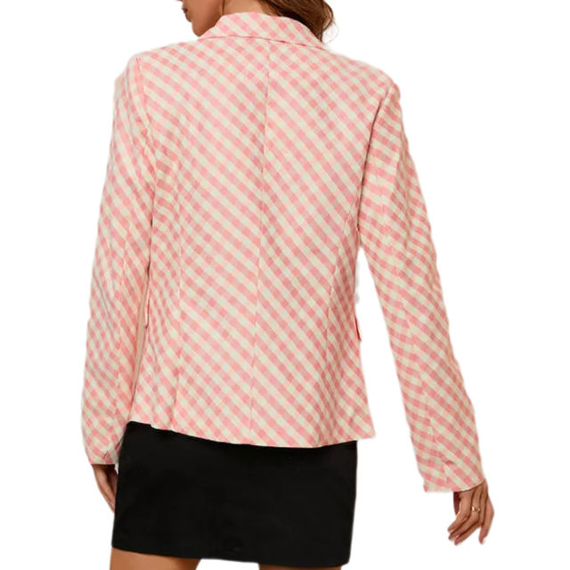 Pink Double Breasted Slim Fit Plaid Print Blazer TQK260063-10