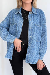 Sky Blue Oversized Leopard Denim Jacket with Pockets LC788134-4