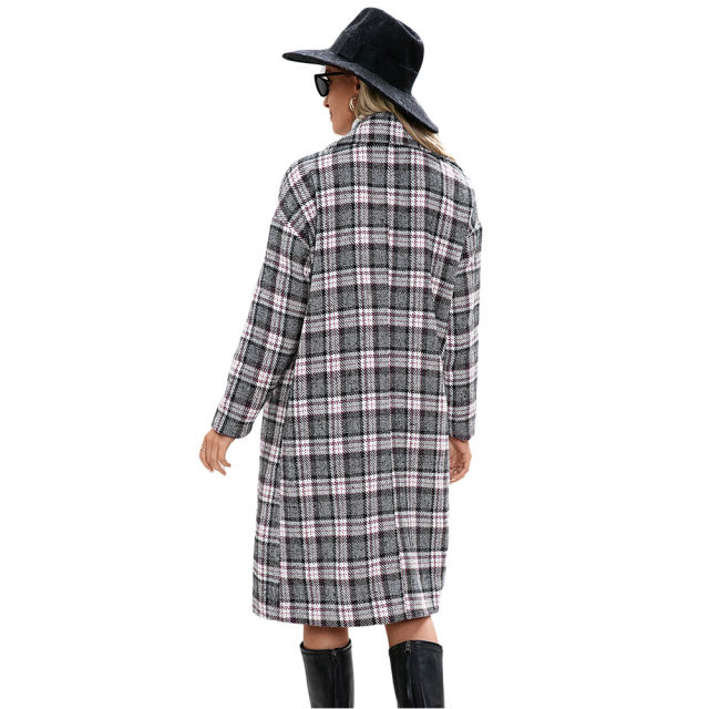 Pink Plaid Double Breasted Woolen Long Coat TQK280115-10