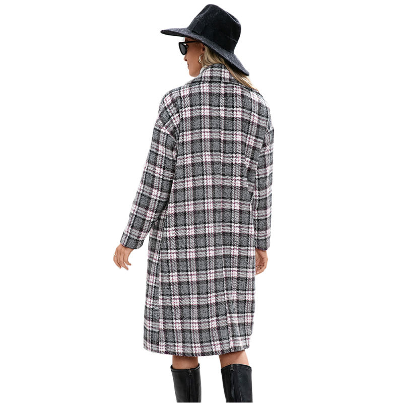 Pink Plaid Double Breasted Woolen Long Coat TQK280115-10