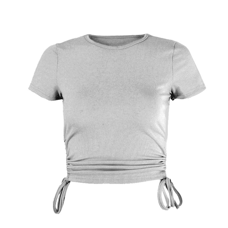 Gray Sides Drawstring Short Sleeve Crop Top TQK210630-11