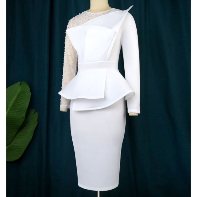 White Splicing Mesh Beading Peplum Style Evening Dress
