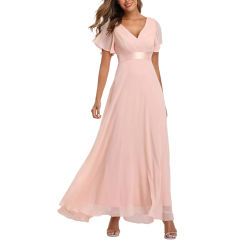 Pink V Neck High Waist Swing Bridesmaid Dress TQK311075-10