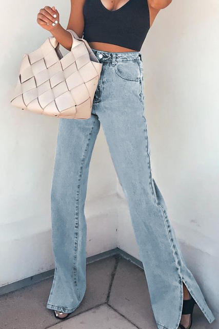 Sky Blue High Rise Slit Anklet Flare Jeans LC781923-4