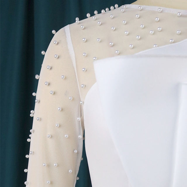 White Splicing Mesh Beading Peplum Style Evening Dress