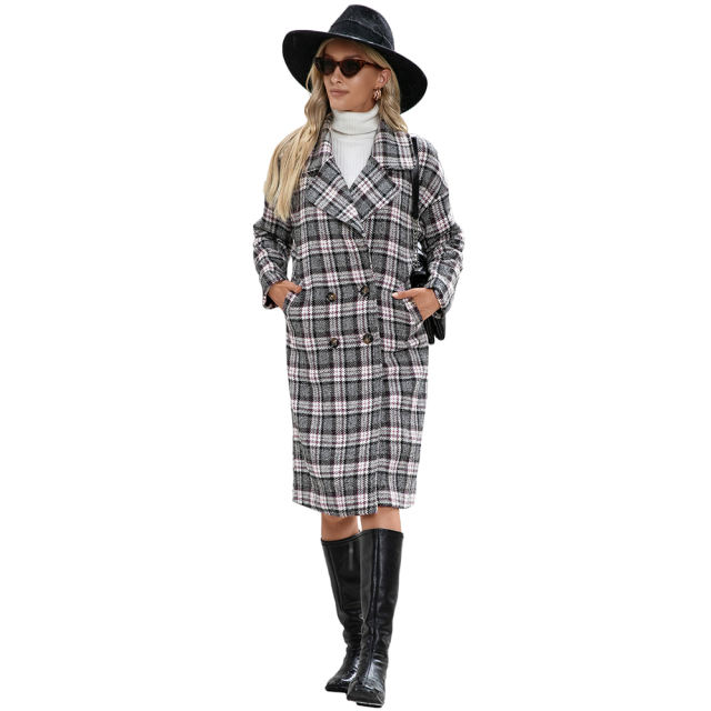 Pink Plaid Double Breasted Woolen Long Coat TQK280115-10