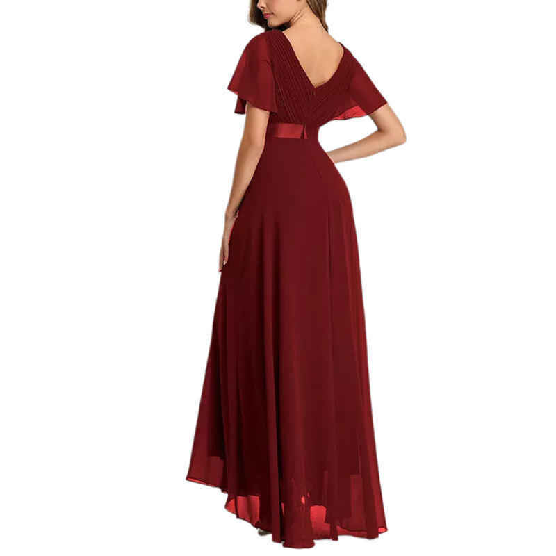 Burgundy V Neck High Waist Swing Bridesmaid Dress TQK311075-23