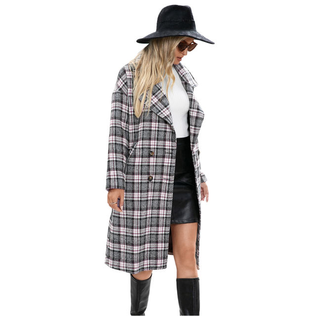Pink Plaid Double Breasted Woolen Long Coat TQK280115-10