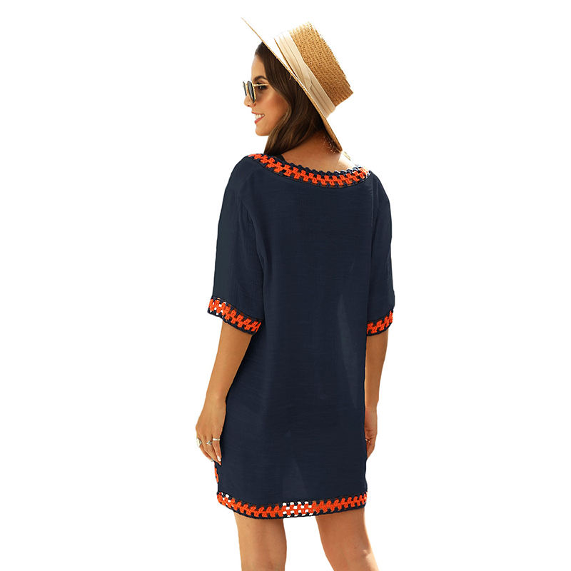 Navy Blue Crochet Detail Beach Cover Dress TQK650063-34