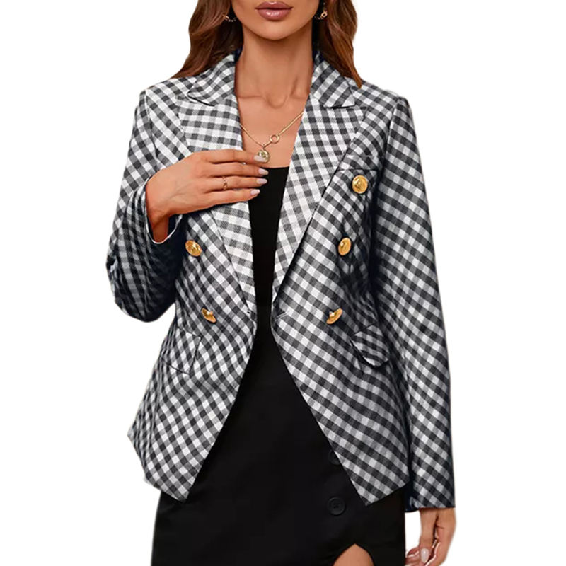 Black Double Breasted Slim Fit Plaid Print Blazer TQK260063-2