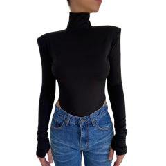 Black Open Back High Neck Long Sleeve Bodysuit TQV220149-2