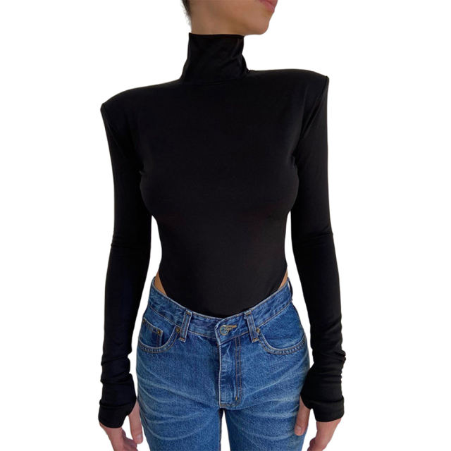 Black Open Back High Neck Long Sleeve Bodysuit TQV220149-2