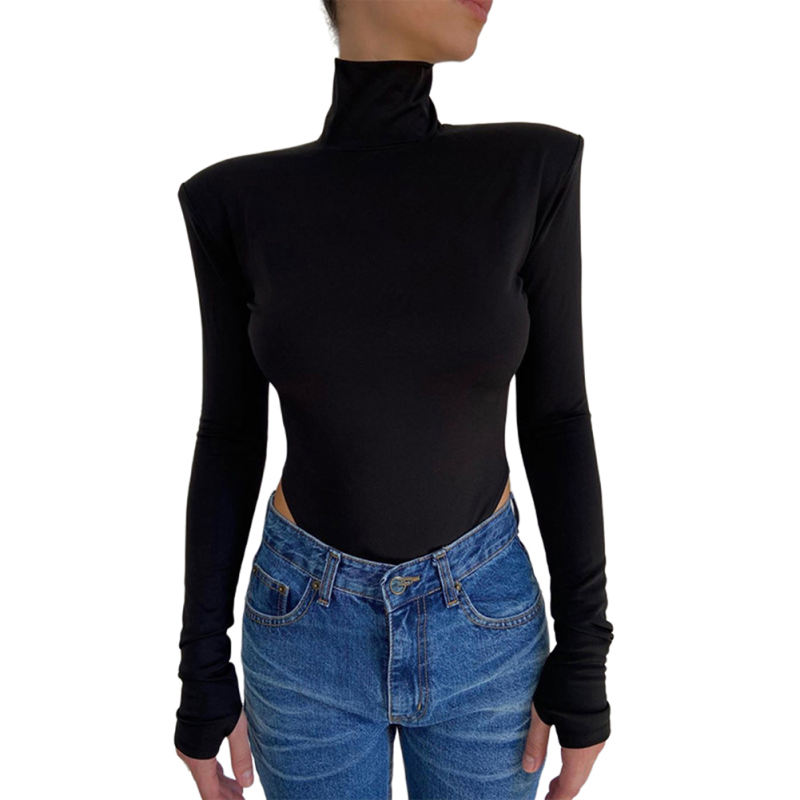 Black Open Back High Neck Long Sleeve Bodysuit TQV220149-2