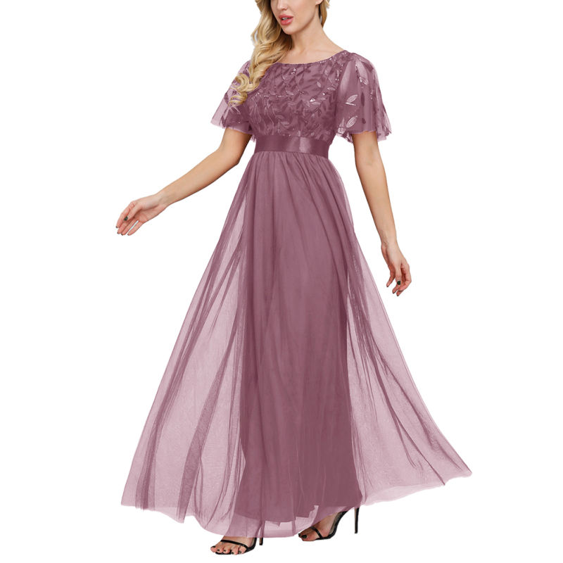 Pink Embroidery Sequined Mesh High Waist Evening Dress TQK311076-10