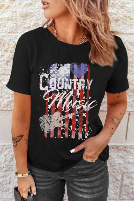 Black Country Music American Flag Print Short Sleeve T Shirt LC25220380-2