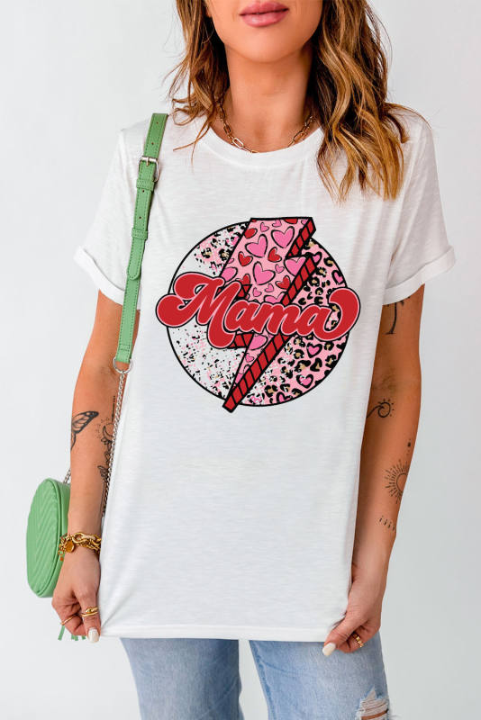 White MAMA Heart Leopard Lightning Print Graphic Tee LC25220381-1