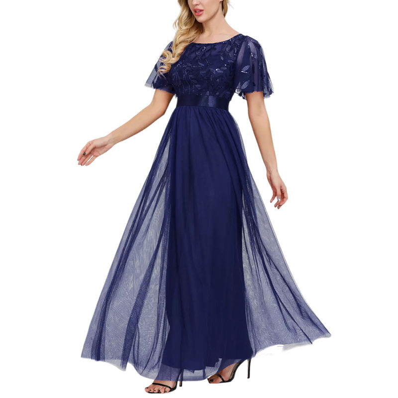 Navy Blue Embroidery Sequined Mesh High Waist Evening Dress TQK311076-34