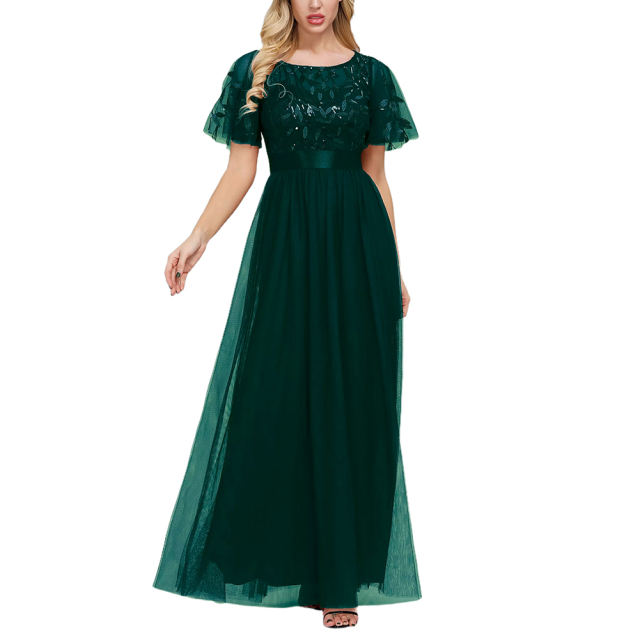 Dark Green Embroidery Sequined Mesh High Waist Evening Dress TQK311076-36