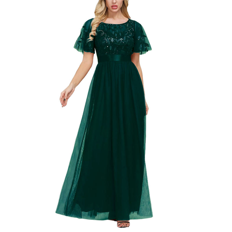 Dark Green Embroidery Sequined Mesh High Waist Evening Dress TQK311076-36