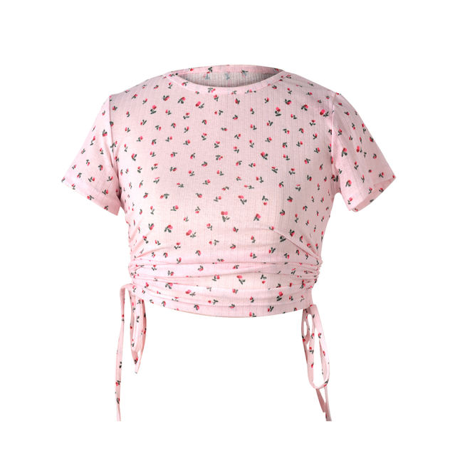 Pink Sides Drawstring Short Sleeve Crop Top TQK210630-10