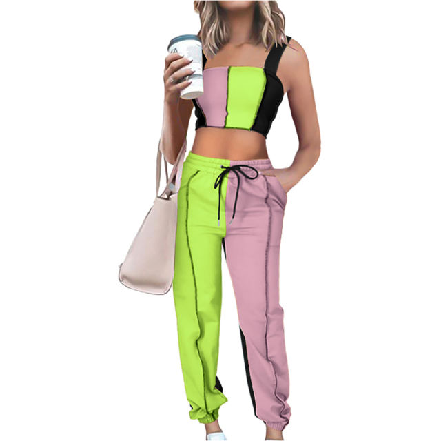 Fluorescent Green Colorblock Crop Tank with Pant Set TQK710340-57