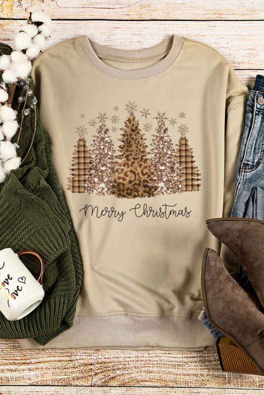 Khaki Merry Christmas Leopard Tree Print Graphic Sweatshirt LC25313736-16