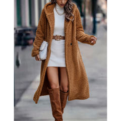 Brown Open Front Long Sleeve Hooded Fleece Coat TQK280217-17