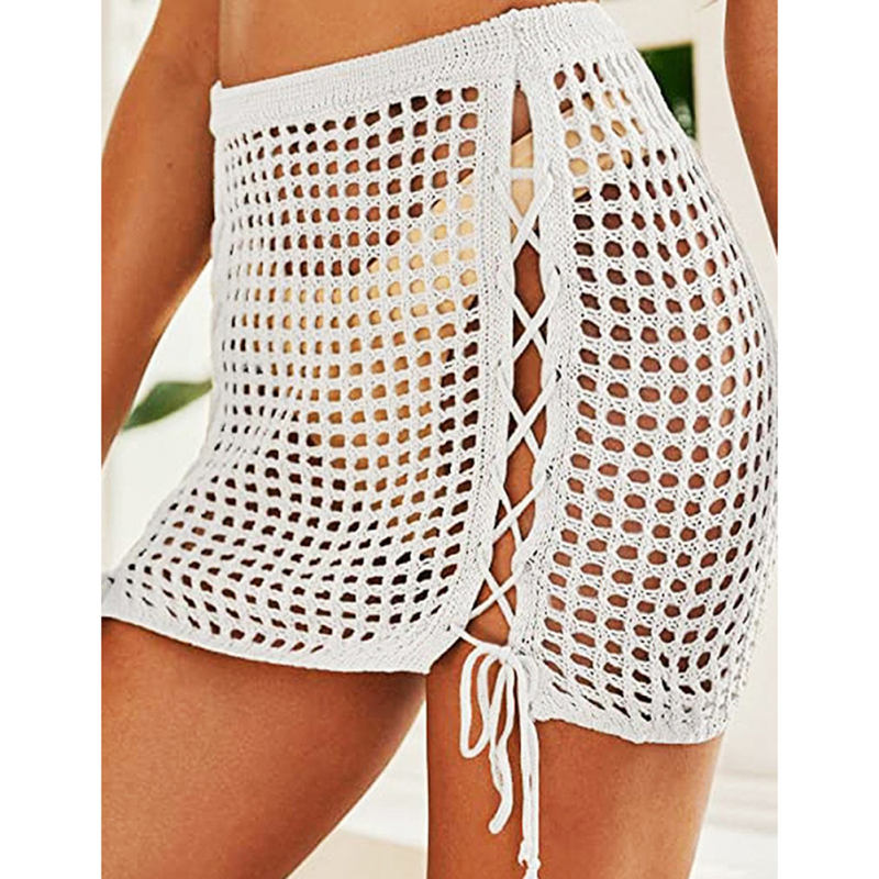White Hollow-out Side Drawstring Beachwear Mini Skirt TQV360075-1
