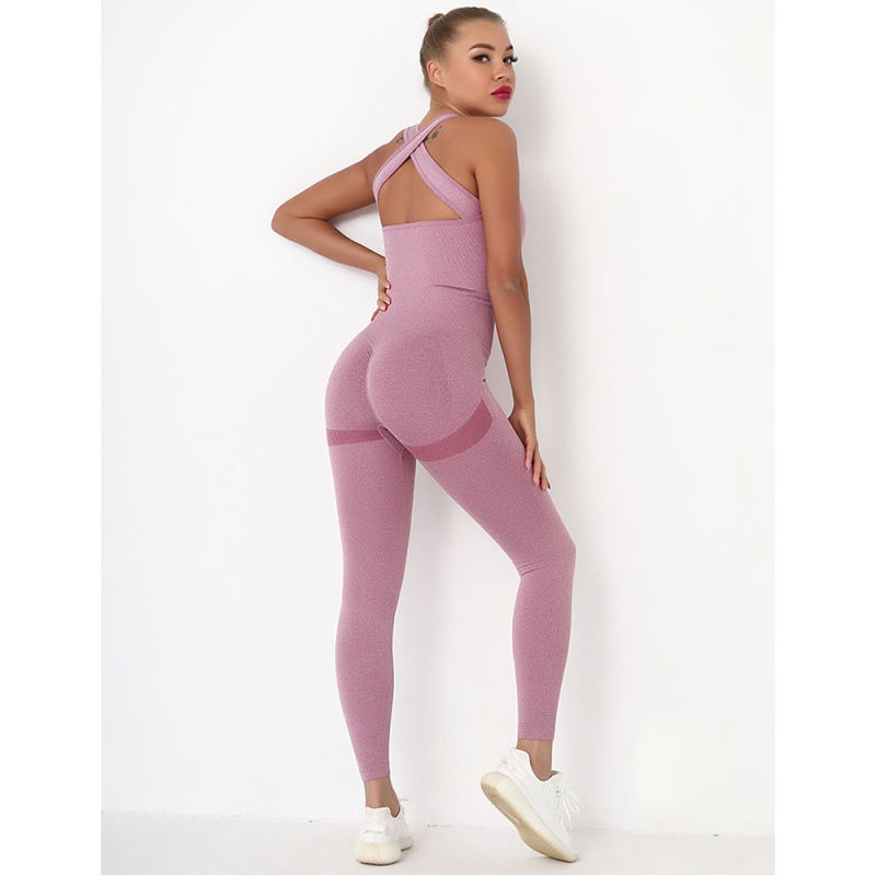 Wine Red Back-Criss Seamless Yoga One Piece Jumpsuit TQE91567-103