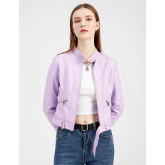 Light Purple PU Stand Collar Short Leather Jacket TQK280124-38