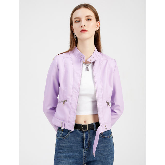 Light Purple PU Stand Collar Short Leather Jacket TQK280124-38