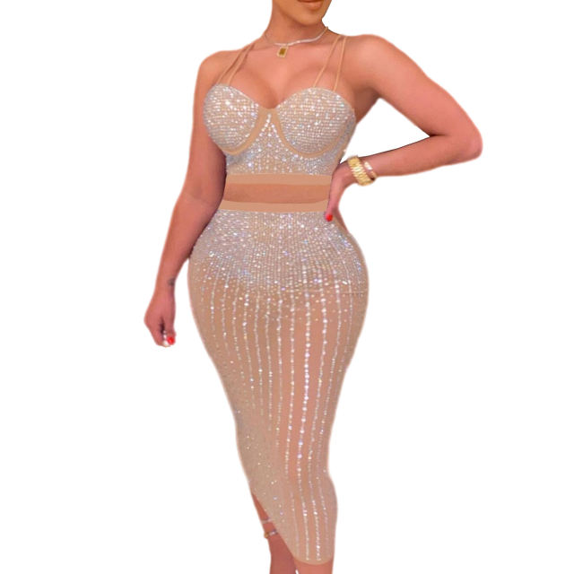 Apricot Rhinestone Studded Bra with Skirt Set TQK710459-18