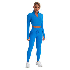 Blue Seamless Stand Collar Jacket with Pant Yoga Set TQK710415-5