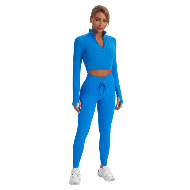 Blue Seamless Stand Collar Jacket with Pant Yoga Set TQK710415-5