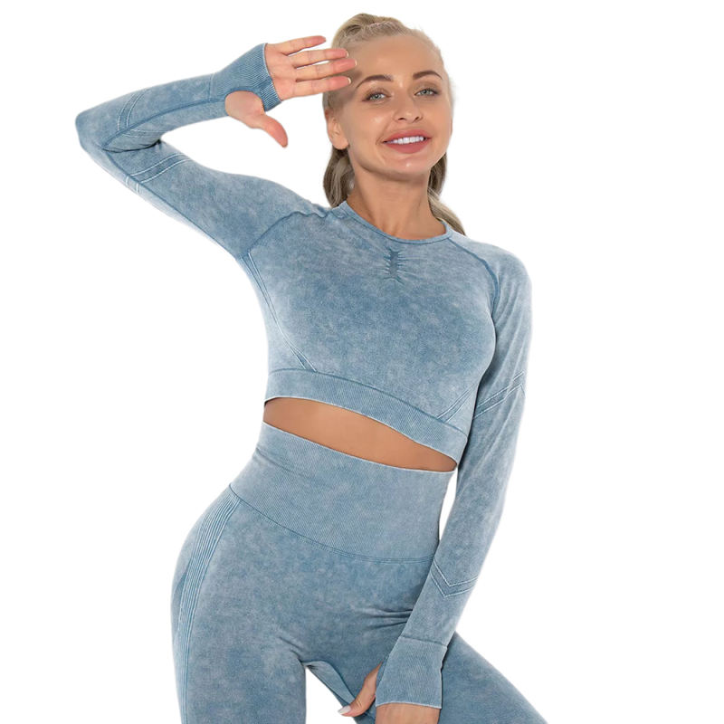 Blue Nylon Seamless Long Sleeve Pant Yoga Set TQE91361-5