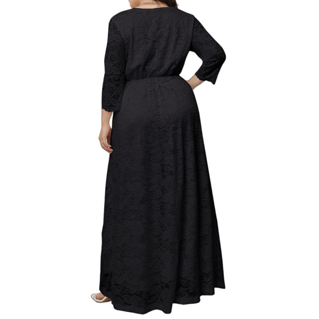 Black V-Neck Lace Plus Size Dress TQK310997-2