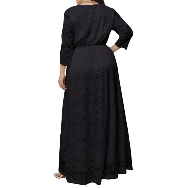 Black V-Neck Lace Plus Size Dress TQK310997-2