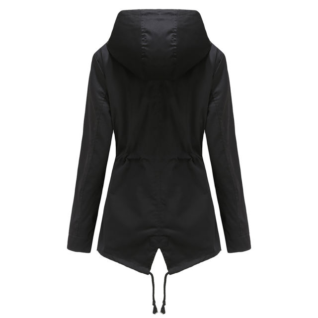 Black Waist Drawstring Hooded Outdoor Rainproof Coat TQK280126-2