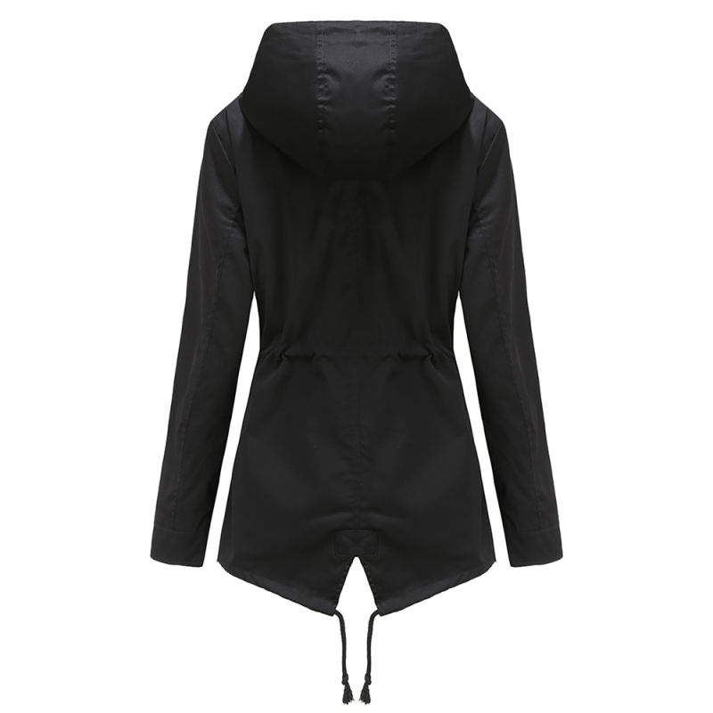 Black Waist Drawstring Hooded Outdoor Rainproof Coat TQK280126-2