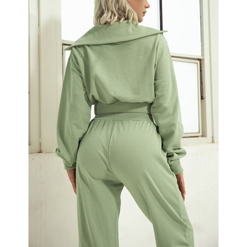 Green Zipper-up Cotton Sweatshirt with Pant Sports Set TQE91573-9