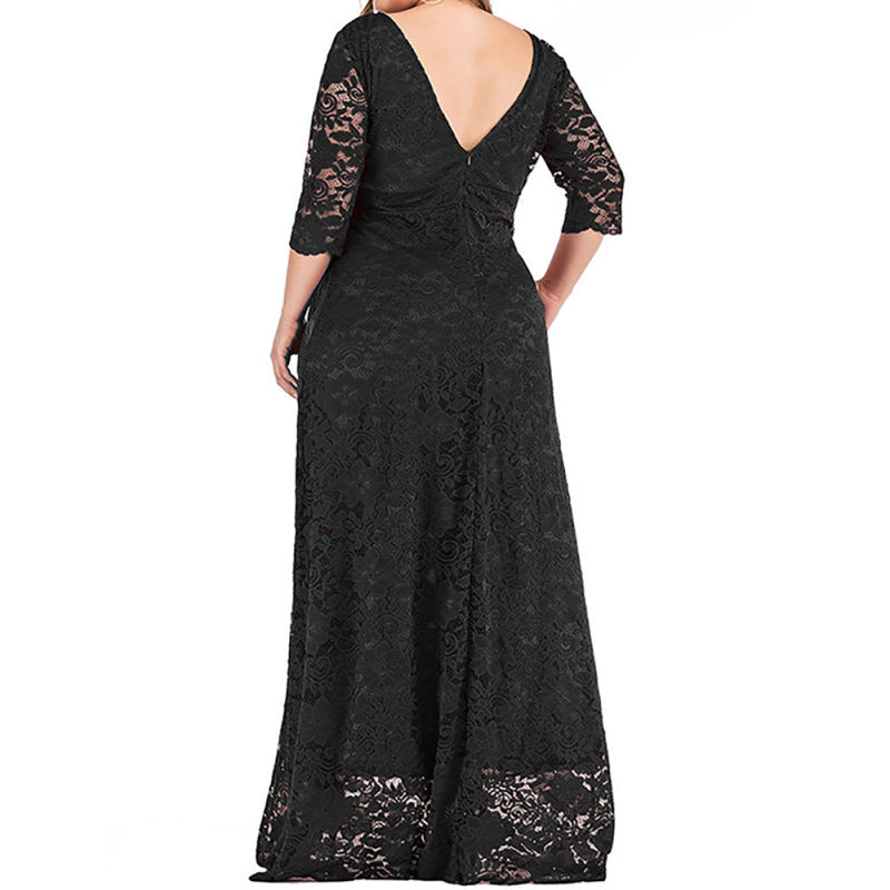 Black 3/4 Sleeve High Waist Lace Plus Size Dress TQK310976-2
