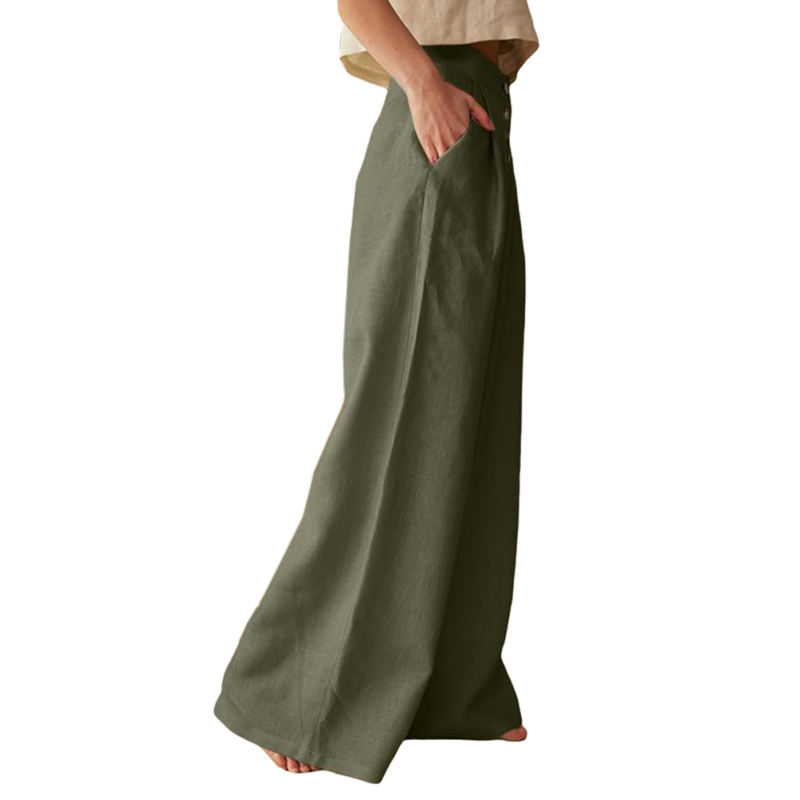 Army Green Cotton Linen Button High Waist Wide Leg Pants TQV510049-27