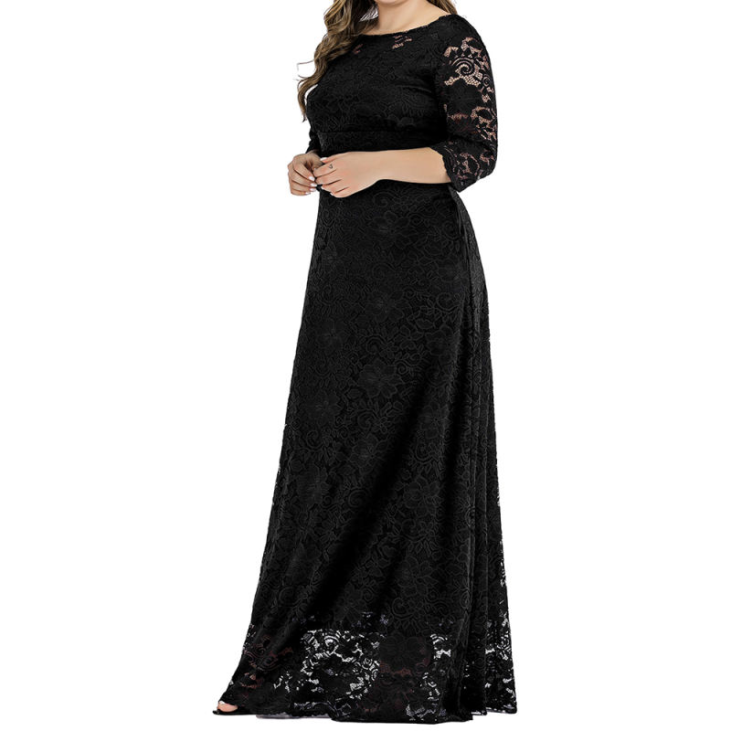Black 3/4 Sleeve High Waist Lace Plus Size Dress TQK310976-2