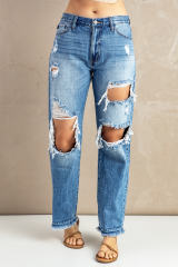 Sky Blue Distressed Holes Hollow-out Boyfriend Jeans LC783885-4