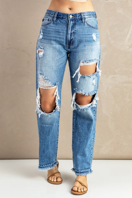 Sky Blue Distressed Holes Hollow-out Boyfriend Jeans LC783885-4