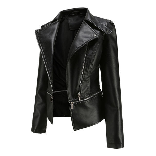 Black Removable Hem Leather PU Leather Jacket TQK280125-2