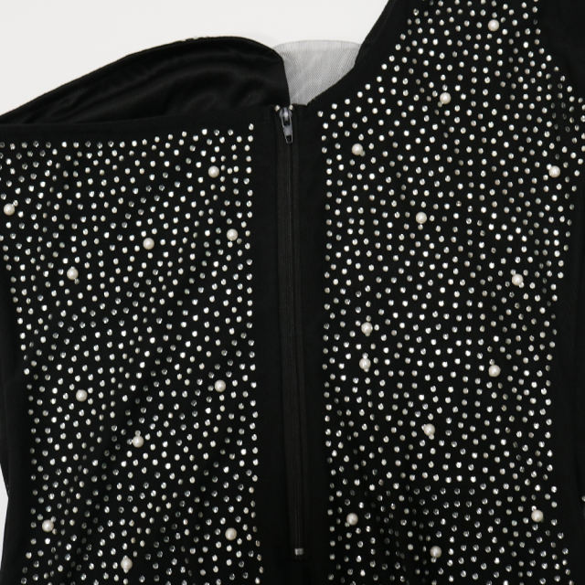 Black Rhinestone Perspective One Shoulder Bodycon Dress TQK310810-2