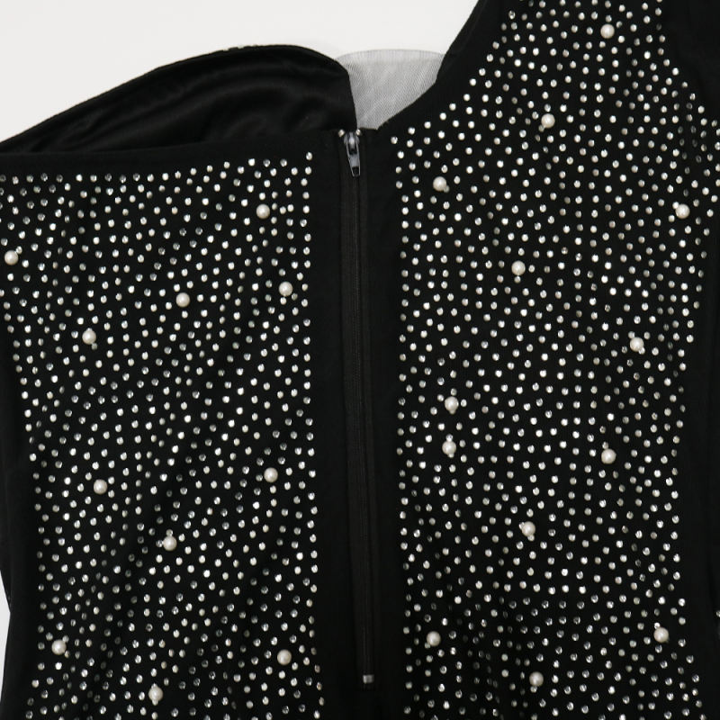 Black Rhinestone Perspective One Shoulder Bodycon Dress TQK310810-2