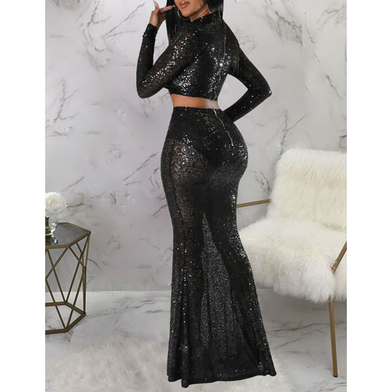 Black Sequined Crop Top with Fishtail Skirt Set TQV810034-2